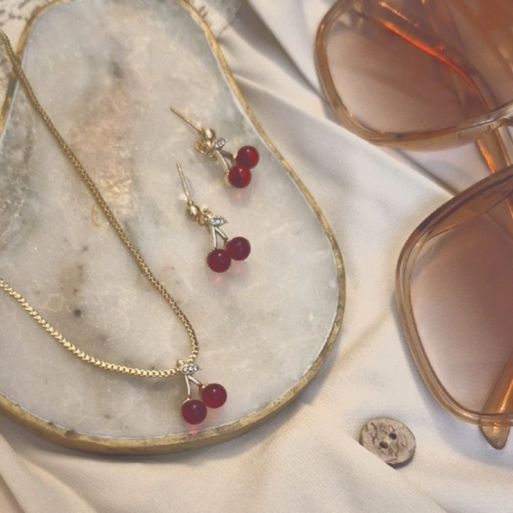 Gold Cherry Pendant Cable Necklace and Earrings Set In Gold Tone